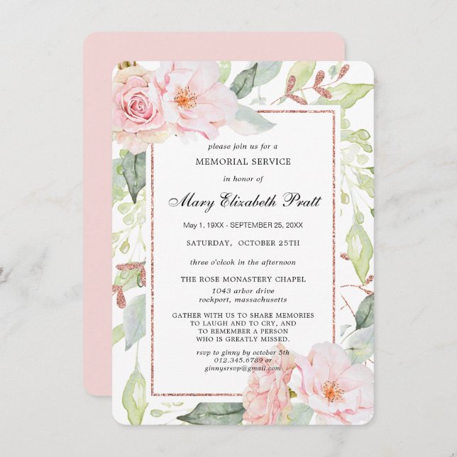 Elegant Pink Floral Gold Memorial Service Invitati Invitation (Front/Back)