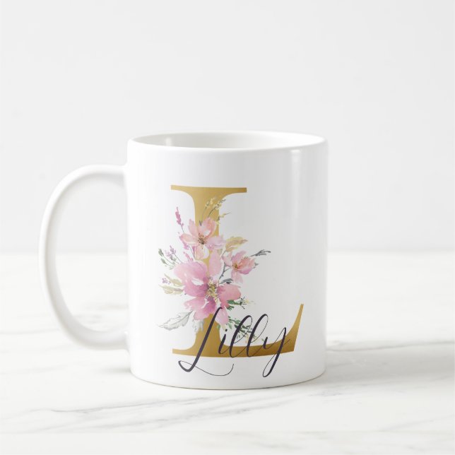 Elegant Pink Floral Gold Monogram Letter L Coffee Mug (Left)