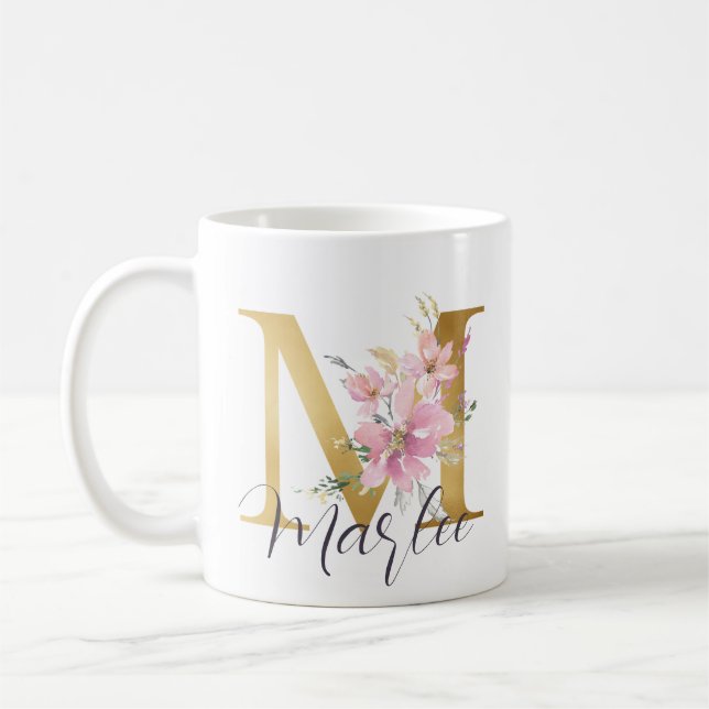 Elegant Pink Floral Gold Monogram Letter M Coffee Mug (Left)