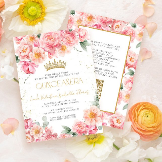 Elegant Pink Floral Gold QR Code Quinceañera Invitation (Creator Uploaded)