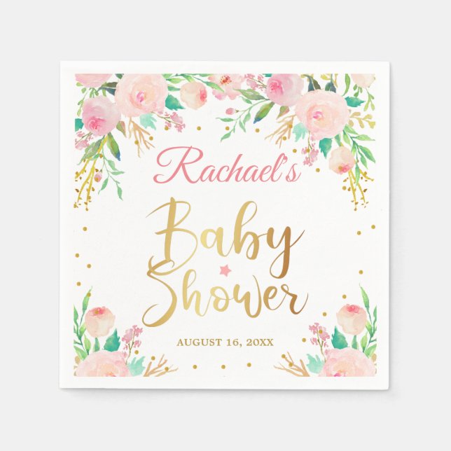 Elegant Pink Floral Gold Script Baby Shower Paper Napkin (Front)