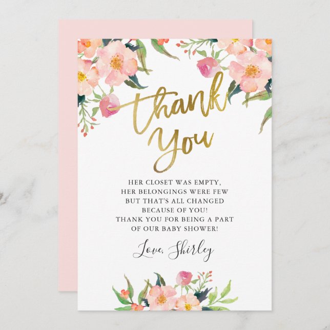 Elegant Pink Floral Gold Script Baby Shower Thank You Card (Front/Back)