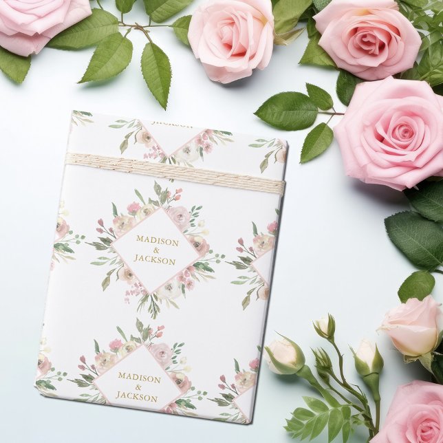 Elegant Pink Floral Gold Script Custom Wedding Wrapping Paper (Creator Uploaded)