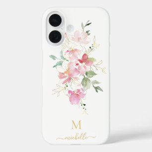 Elegant Pink Floral Gold Script Monogram iPhone 16 Case