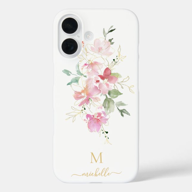 Elegant Pink Floral Gold Script Monogram Case-Mate iPhone Case (Back)