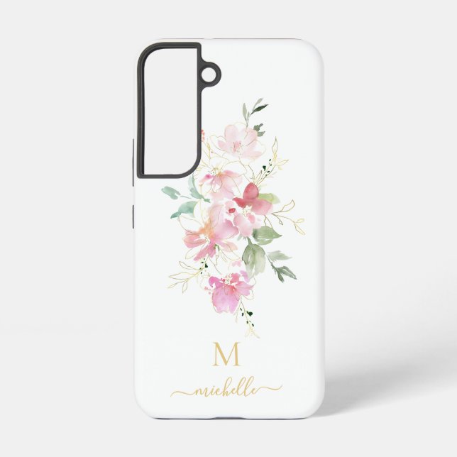 Elegant Pink Floral Gold Script Monogram Samsung Galaxy S22 Case (Back)