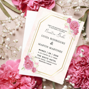 Elegant Pink Floral Gold Spanish Nuestra Boda Invitation