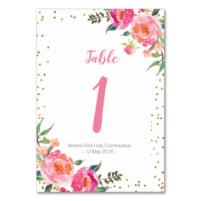 Elegant Pink Floral Gold Table Number (Front)