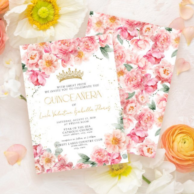 Elegant Pink Floral Gold Tiara Quinceañera Invitation (Creator Uploaded)