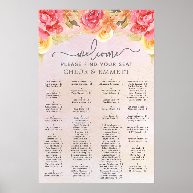 Elegant Pink Floral Gold Wedding Seating Chart (Front)