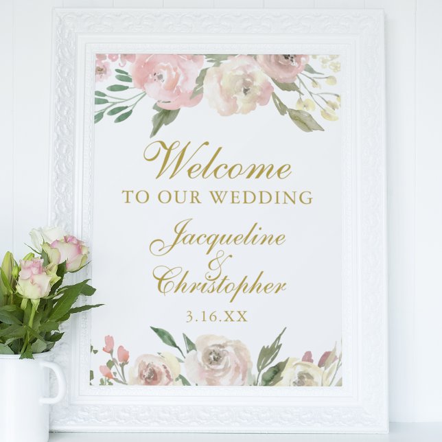 Elegant Pink Floral Gold Welcome to our Wedding Poster (Creator Uploaded)