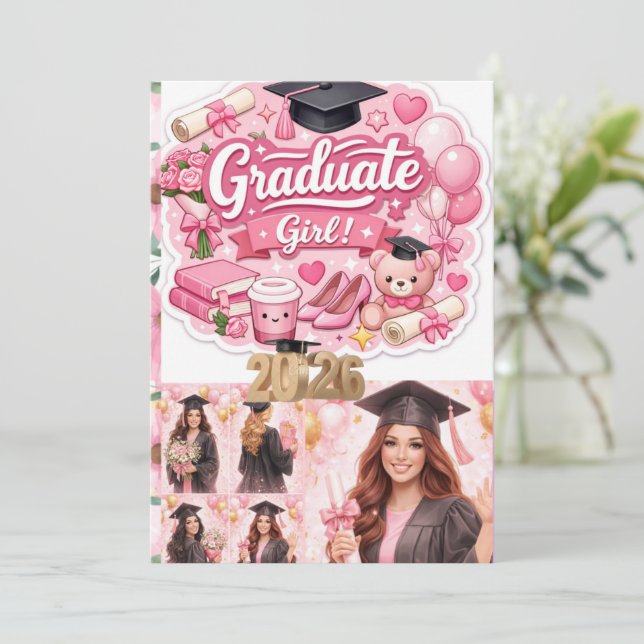 Elegant Pink Floral Graduation Party baner Holiday Card (Standing Front)