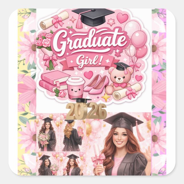 Elegant Pink Floral Graduation Party baner Square Sticker (Front)