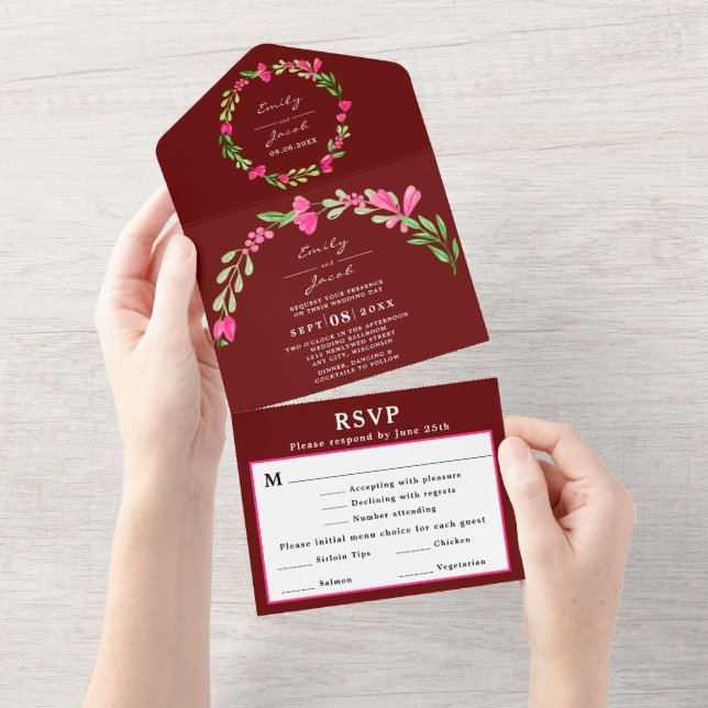 Elegant Pink Floral Greenery Dark Red Wedding RSVP All In One Invitation (Tearaway)