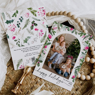 Elegant Pink Floral Greenery Foliage Arch 1 Photo Holiday Card