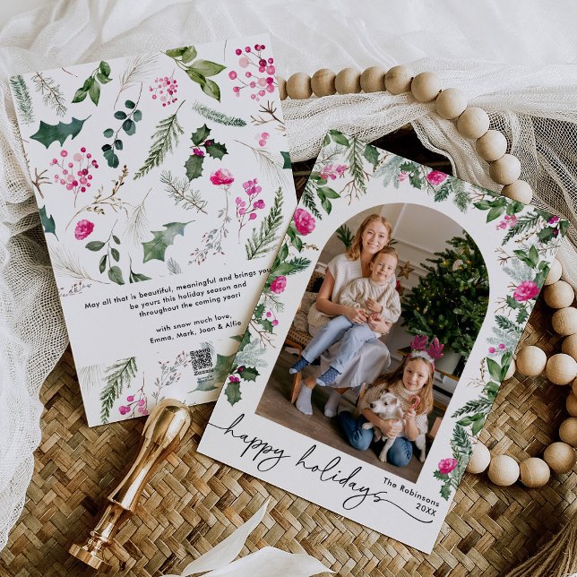 Elegant Pink Floral Greenery Foliage Arch 1 Photo Holiday Card (Creator Uploaded)