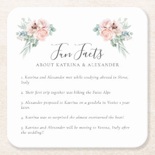 Elegant Pink Floral Grey & White Fun Facts Wedding Square Paper Coaster