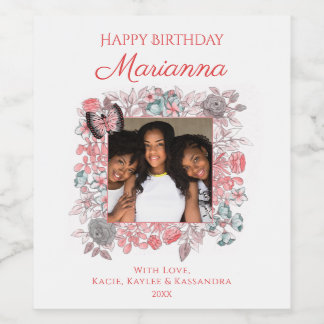 Elegant Pink Floral Happy Birthday Family Photo Wine Label