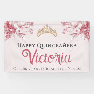 Elegant Pink Floral Happy Birthday Quinceañera Banner
