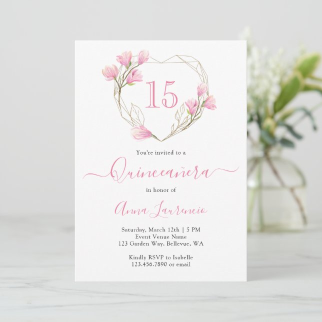 Elegant Pink Floral Heart Frame Quinceanera Invitation (Standing Front)