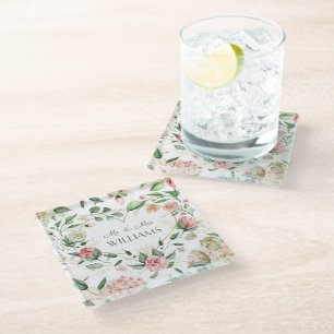 Elegant Pink Floral Heart Wedding & Anniversary Glass Coaster