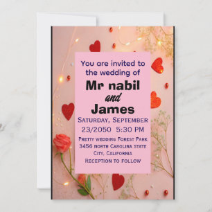 Elegant Pink Floral & Heart Wedding Invitation