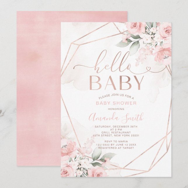 Elegant Pink Floral Hello Baby Shower Invitation (Front/Back)