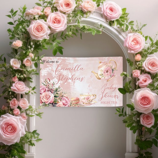 Elegant Pink Floral High Tea Girl Baby Shower Banner (Elegant Pink Roses Floral High Tea Teapot and Teacup Girl Baby Shower Welcome Banner)