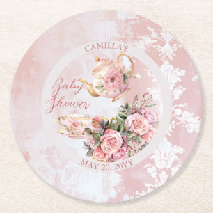 Elegant Pink Floral High Tea Girl Baby Shower Round Paper Coaster