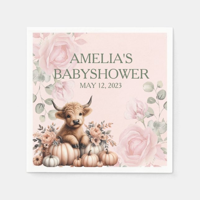 Elegant pink floral highland cow baby shower  napkin (Front)