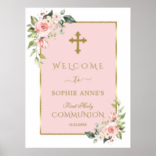 Elegant Pink Floral Holy Communion Welcome Sign