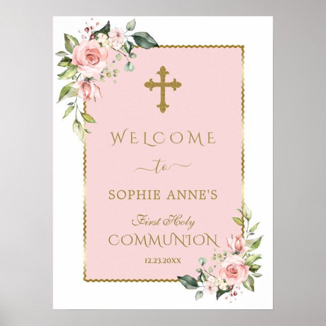 Elegant Pink Floral Holy Communion Welcome Sign (Front)