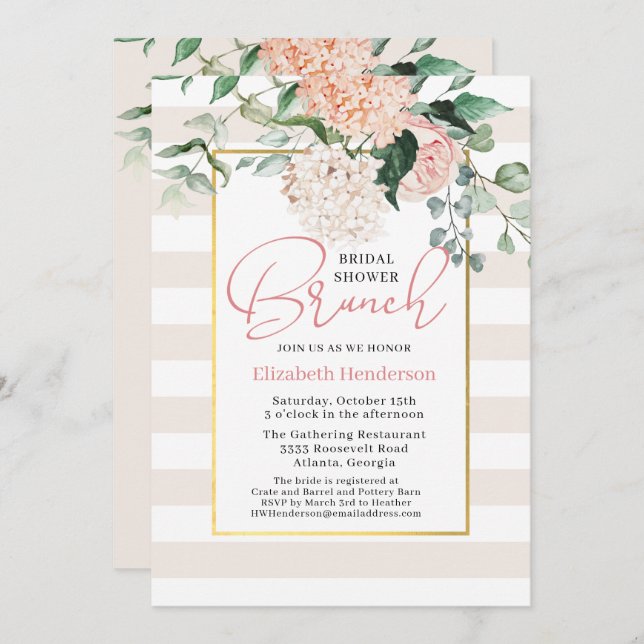 Elegant Pink Floral Hydrangea Bridal Shower Brunch Invitation (Front/Back)