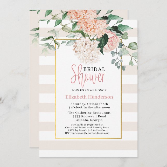 Elegant Pink Floral Hydrangea Bridal Shower Invitation (Front/Back)