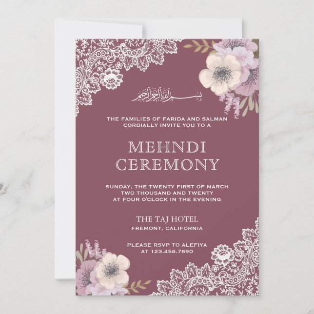Elegant PInk Floral Lace Islamic Muslim Mehndi Invitation (Front)