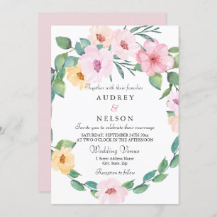 Elegant Pink Floral Leaf Wreath Wedding Invitation