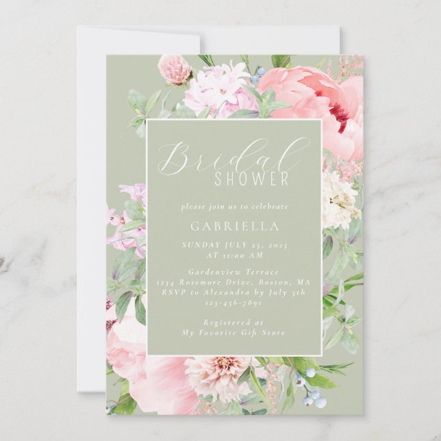 Elegant Pink Floral Light Sage Green Bridal Shower Invitation (Front)