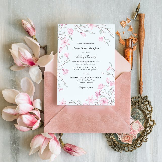 Elegant Pink Floral Magnolia Wedding Invitation (Creator Uploaded)