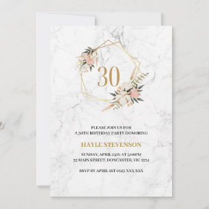 Elegant Pink Floral Marble 30th Birthday Invitation