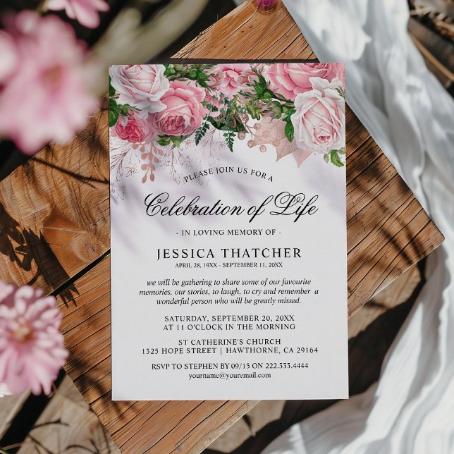 Elegant Pink Floral Memorial | Celebration of Life Invitation (Creator Uploaded)