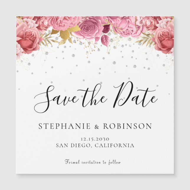Elegant Pink Floral Modern Script Save The Date (Front)