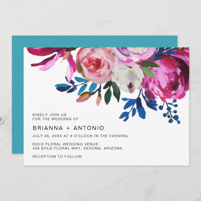 Elegant Pink Floral Modern Wedding Invitation (Front/Back)