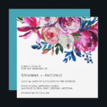 Elegant Pink Floral Modern Wedding Invitation<br><div class="desc">Modern floral Wedding Invitation with peonies and roses in bold and vibrant pink with greenery sprigs in shades of teal and blue.  The back is a matching shade of teal blue.  This bright Wedding Invitation in jewel tone colours is great for a summer wedding.</div>