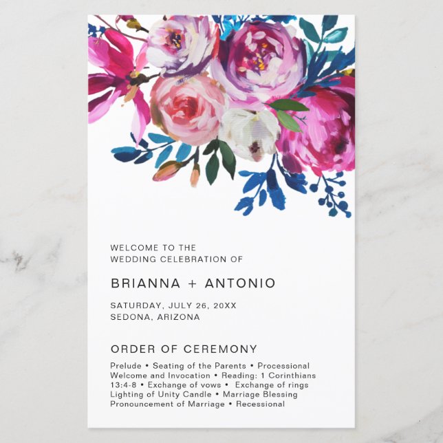 Elegant Pink Floral Modern Wedding Program (Front)