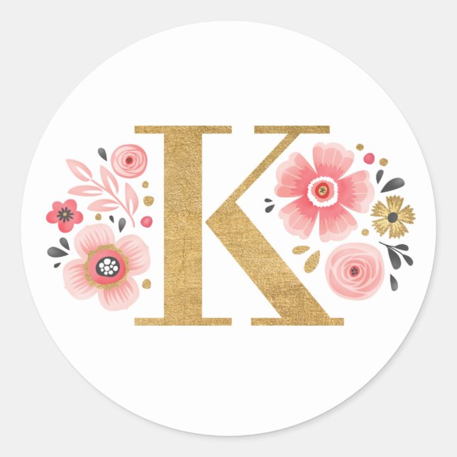 Elegant Pink Floral Monogram Classic Round Sticker (Front)