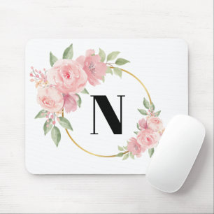 Elegant Pink Floral Monogram Desk Accessory Mouse Pad