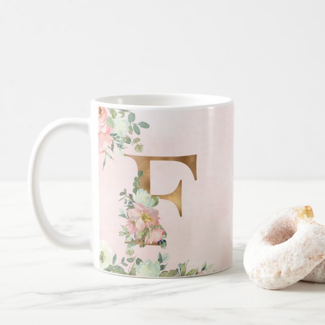 Elegant Pink Floral Monogram F Coffee Mug (With Donut)