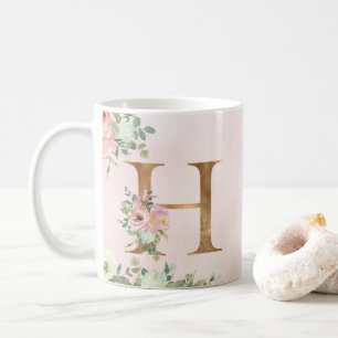 Elegant Pink Floral Monogram H Coffee Mug