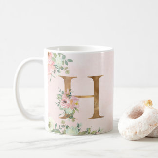 Elegant Pink Floral Monogram H Coffee Mug