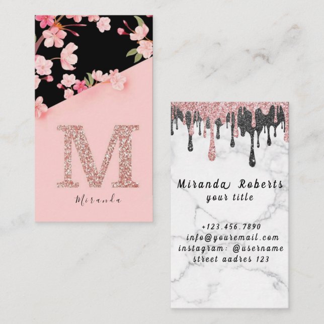 Elegant Pink Floral Monogram Initial Gold Letter M Business Card (Front/Back)